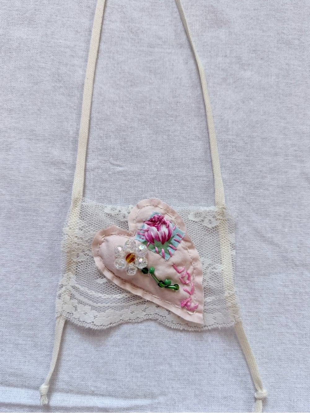 Fabric Necklace with Love and white glass bead